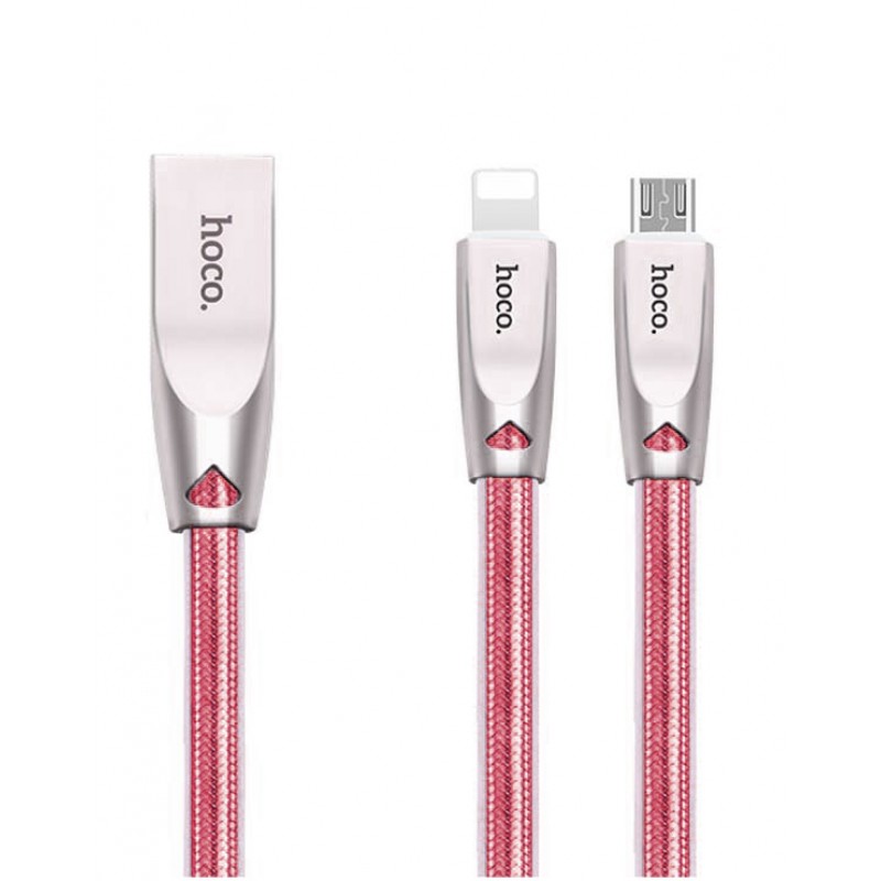 Кабель USB 2в1 Hoco U9 Lightning+MicroUSB 1.5m pink